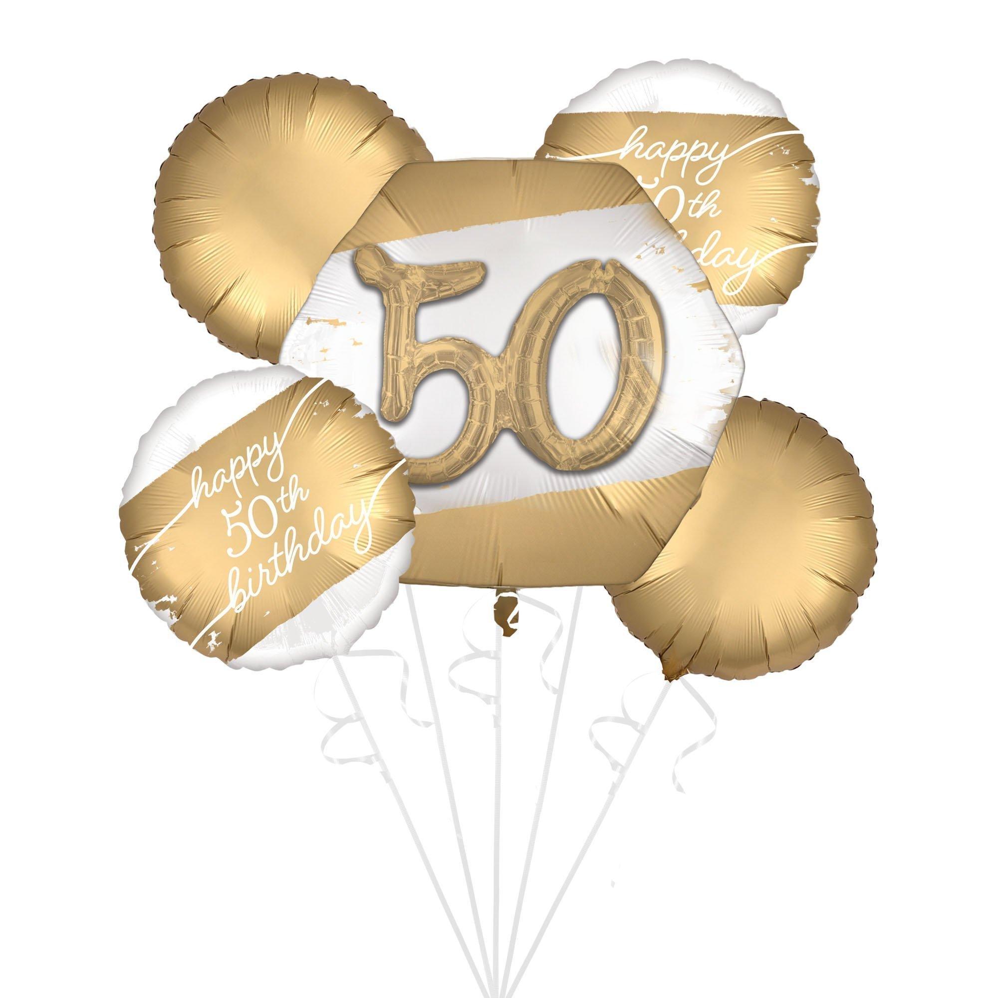 Golden Age 50th Birthday Foil Balloon Bouquet with Balloon Weight, 10pc